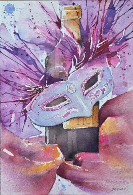 Aquarellbild einer bunten Fasnachtsgestalt